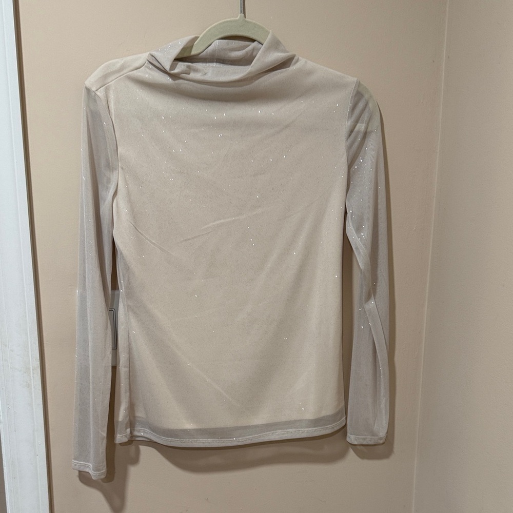 Halogen Sparkling Cream Long Sleeve Top. Lined with sheer arms. Size xs